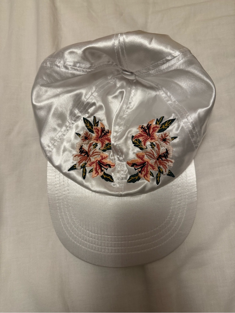 White Satin Floral Embroidered Baseball Cap - made in Korea white hat flowers